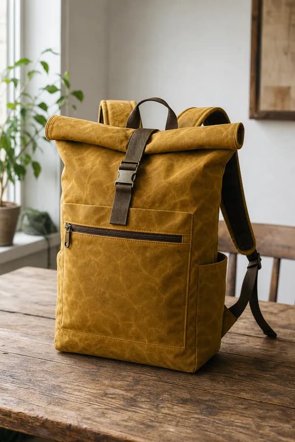Un sac à dos à rabat roulé en toile cirée, avec une poche zippée devant