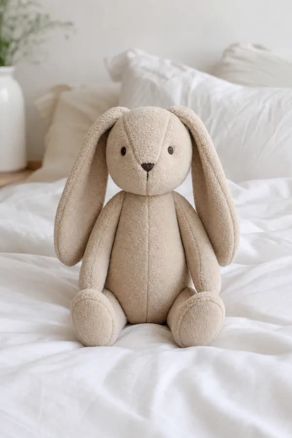 Un lapin en peluche aux longues oreilles tombantes