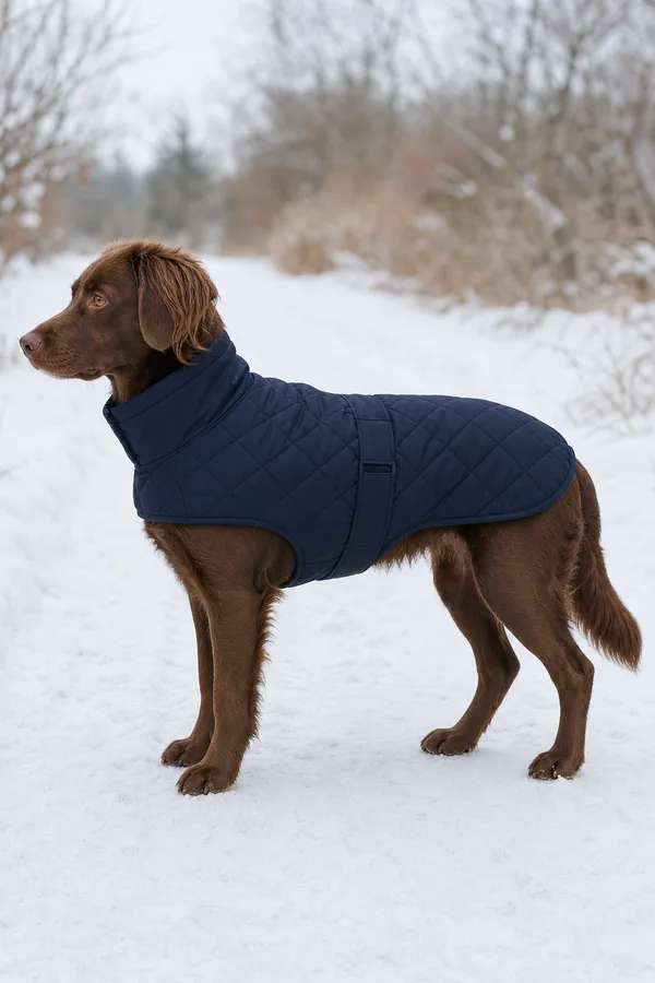 Un manteau matelassé pour chien avec un col montant et une sangle ventrale