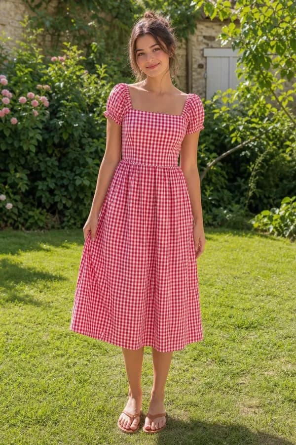 Une robe midi en vichy à encolure carrée et manches bouffantes