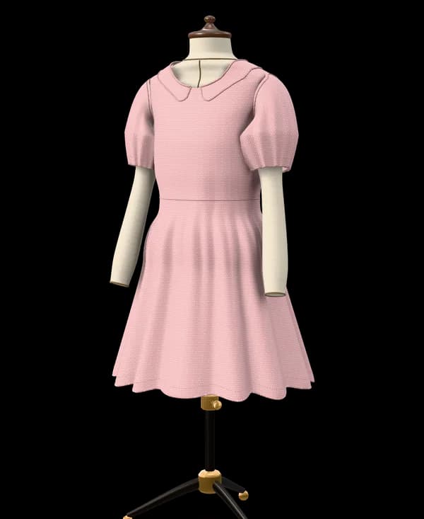 Une robe de fête pour une fille de 7 ans : col Claudine, petites manches bouffantes, corsage ajusté, jupe froncée ample aux genoux et ceinture nouée en nœud dans le dos